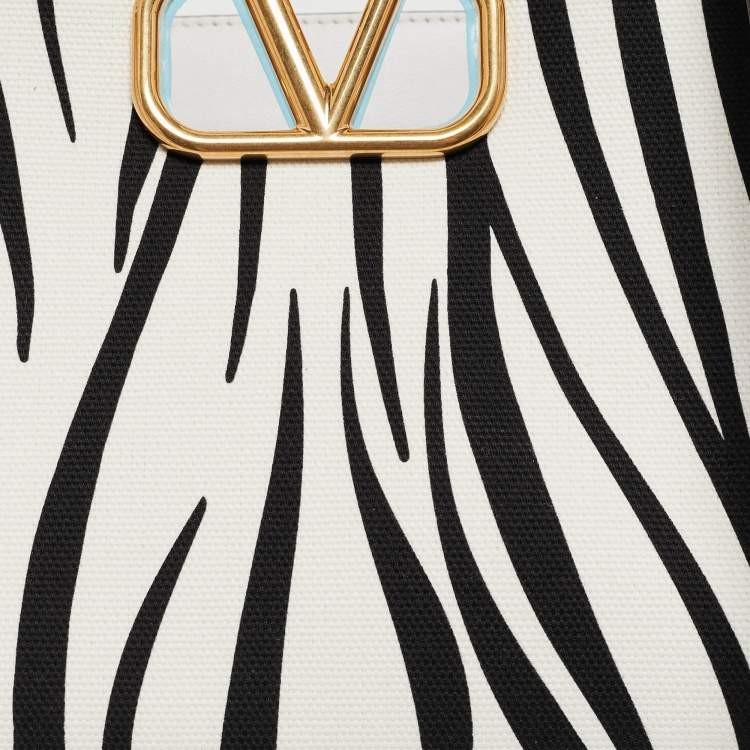 Pre Owned Valentino White/Black Zebra Print Canvas and Leather Small VLogo Tote