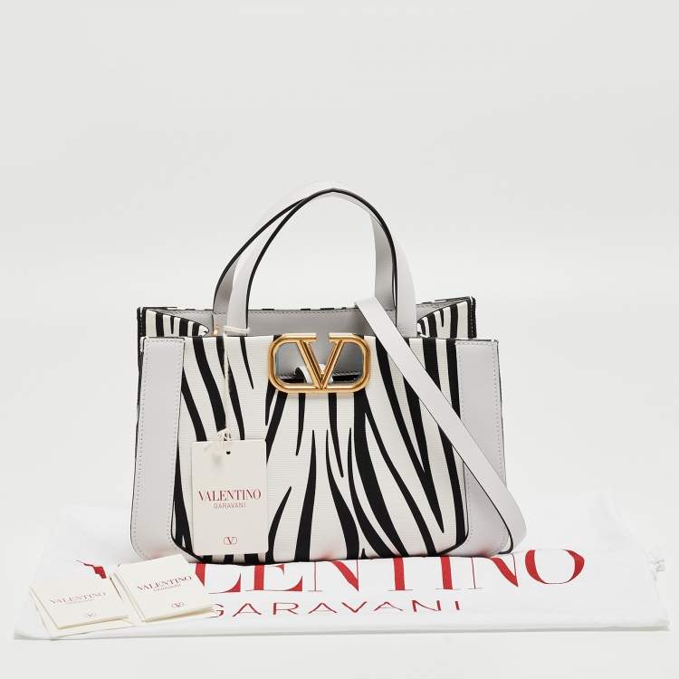 Pre Owned Valentino White/Black Zebra Print Canvas and Leather Small VLogo Tote