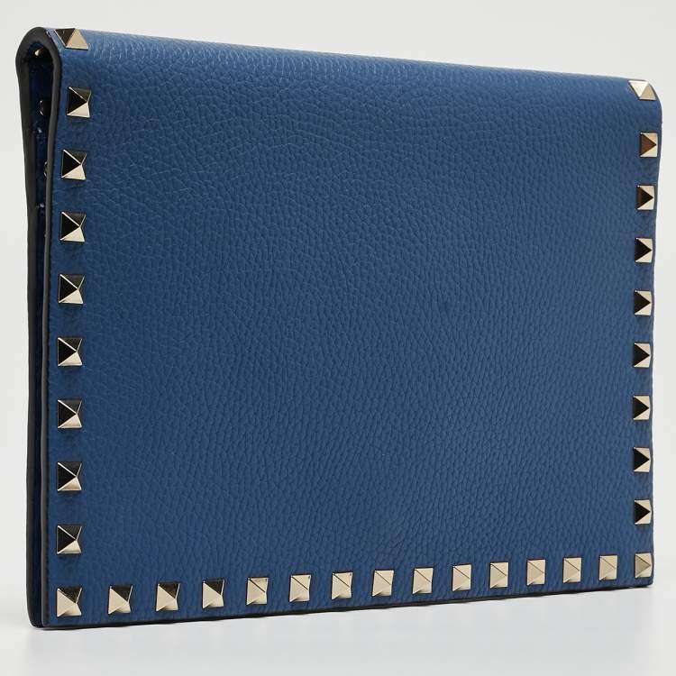 Pre Owned Valentino Blue Grained Leather Rockstud Flap Clutch