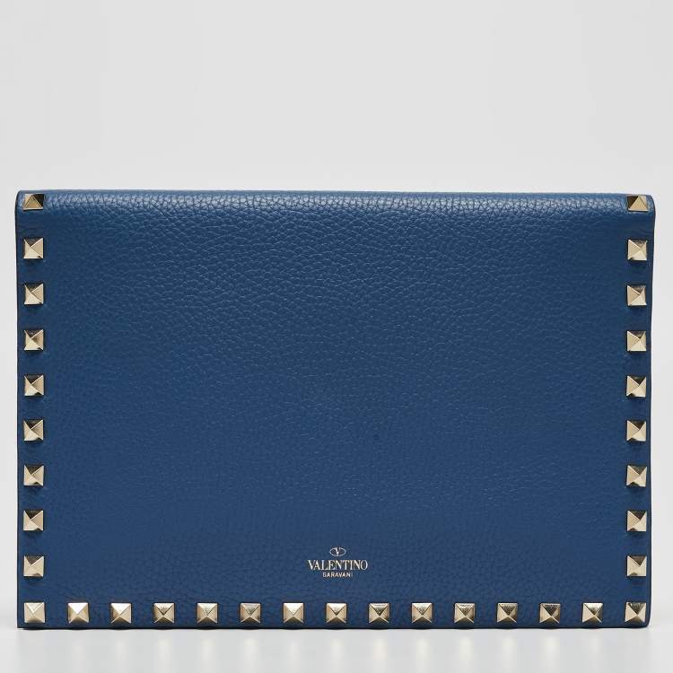 Pre Owned Valentino Blue Grained Leather Rockstud Flap Clutch