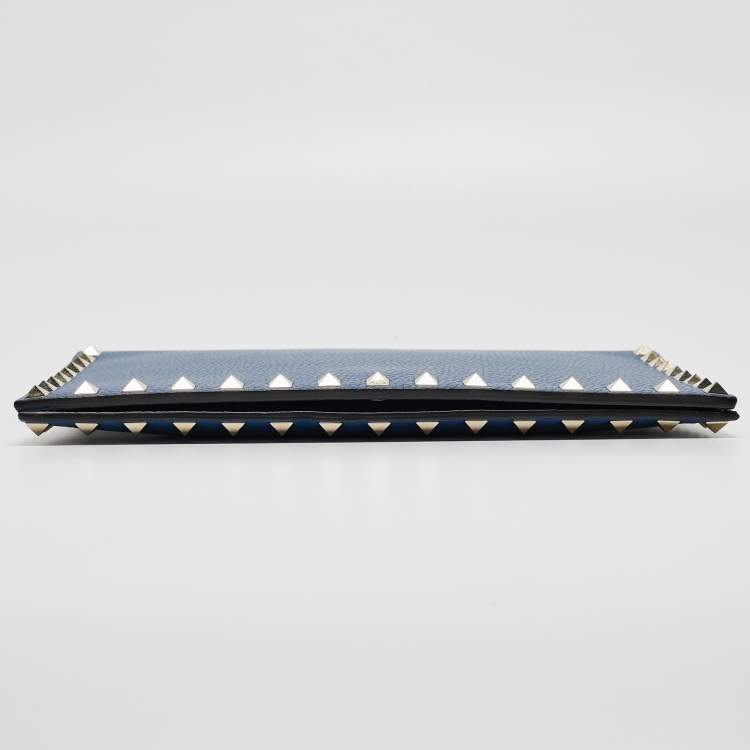 Pre Owned Valentino Blue Grained Leather Rockstud Flap Clutch