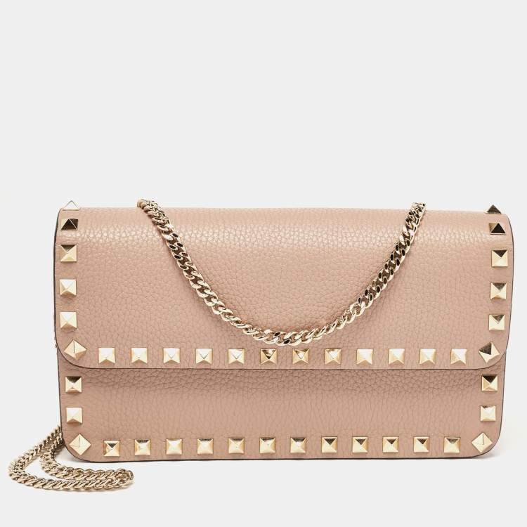 Pre Owned Valentino Old Rose Leather Rockstud Chain Clutch