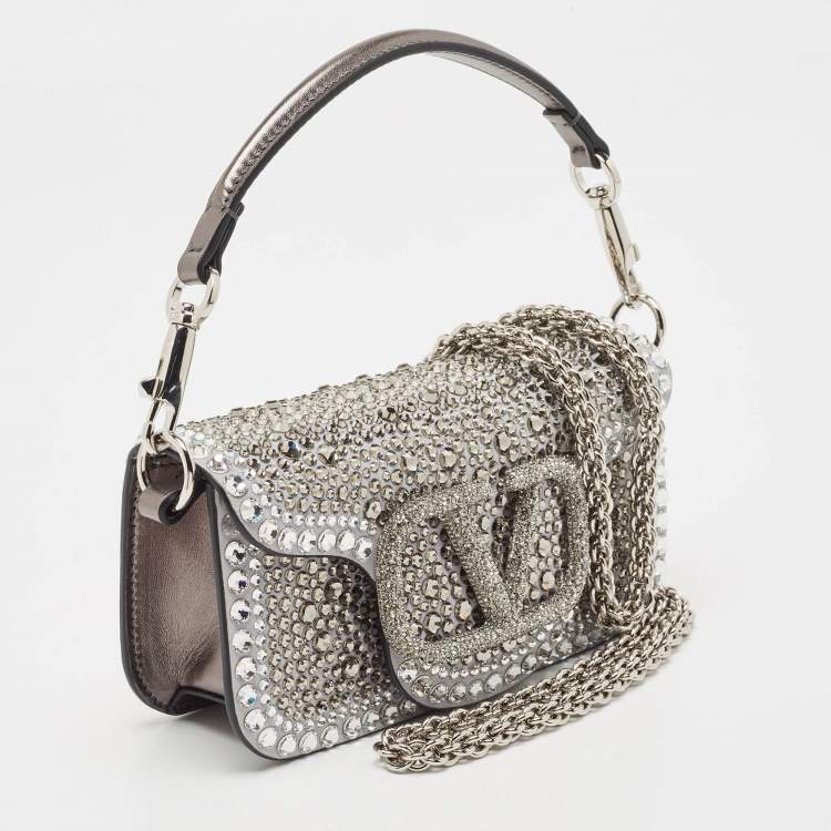 Pre Owned Valentino Silver/Gun Metal Suede Crystals Small VLogo Shoulder Bag