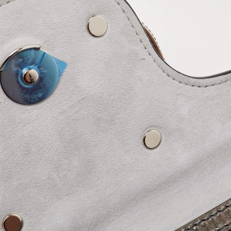 Pre Owned Valentino Silver/Gun Metal Suede Crystals Small VLogo Shoulder Bag