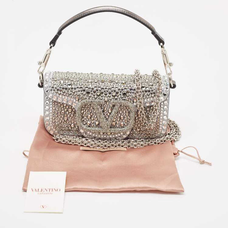 Pre Owned Valentino Silver/Gun Metal Suede Crystals Small VLogo Shoulder Bag