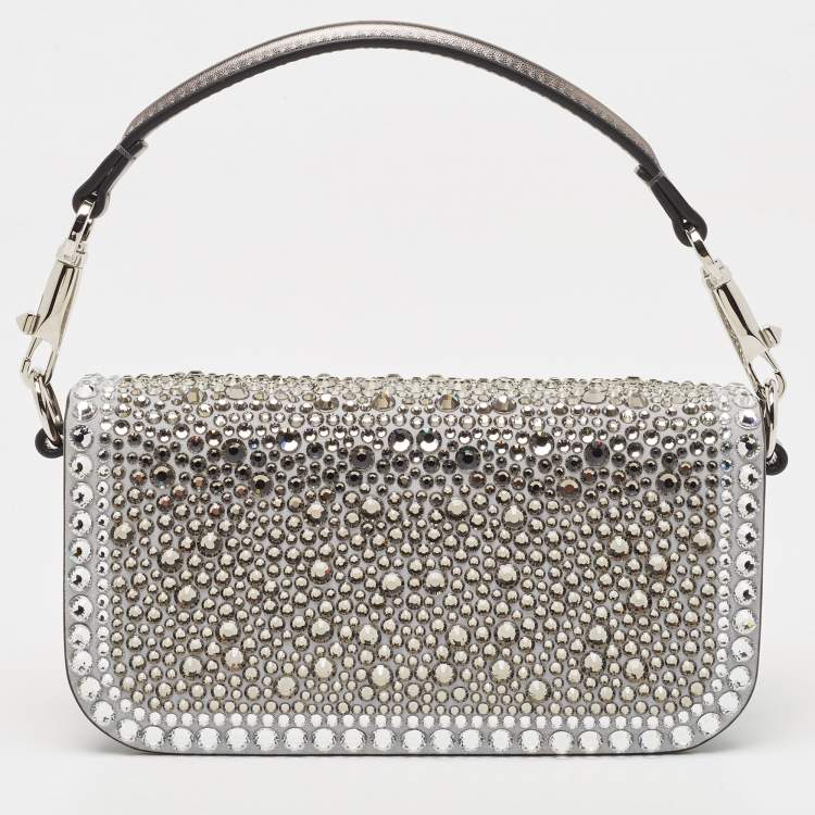 Pre Owned Valentino Silver/Gun Metal Suede Crystals Small VLogo Shoulder Bag