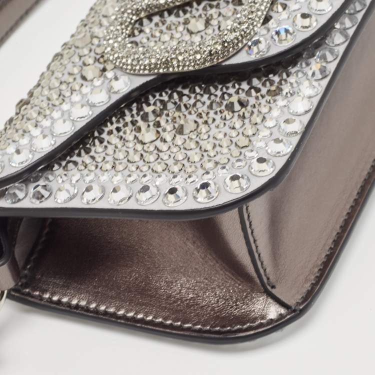 Pre Owned Valentino Silver/Gun Metal Suede Crystals Small VLogo Shoulder Bag