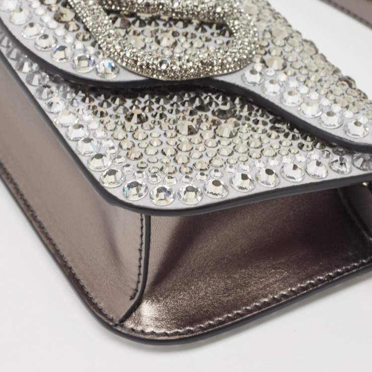 Pre Owned Valentino Silver/Gun Metal Suede Crystals Small VLogo Shoulder Bag
