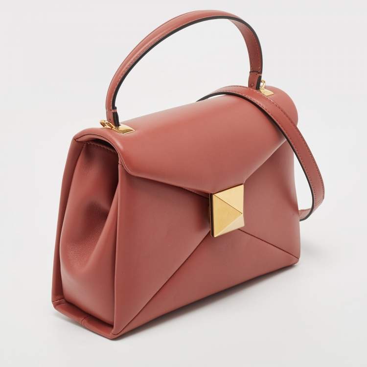 Pre Owned Valentino Chestnut Brown Leather Small One Stud Top Handle Bag