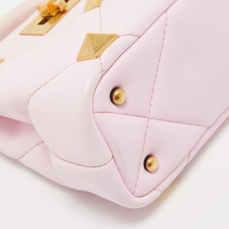 Pre Owned Valentino Pink Leather Mini Roman Stud Top Handle Bag