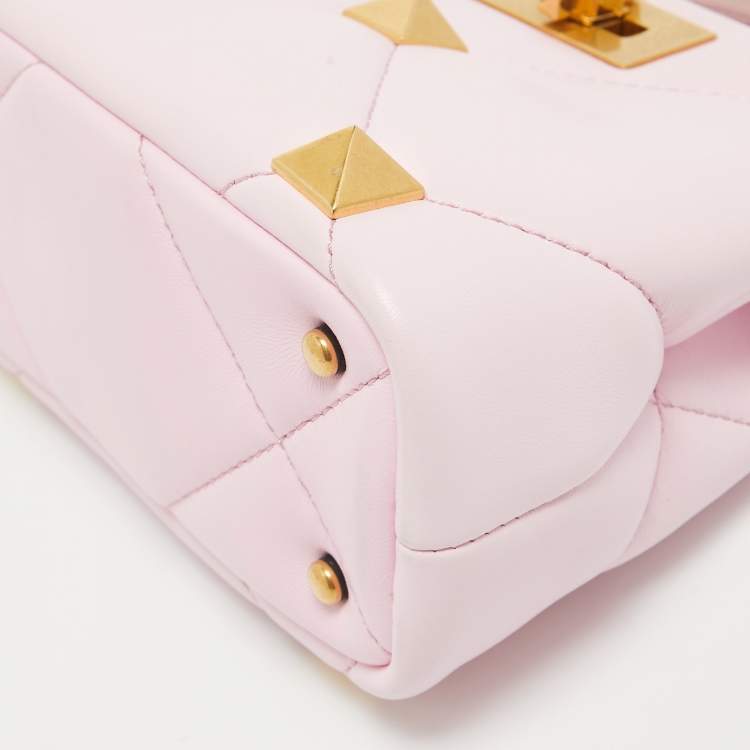 Pre Owned Valentino Pink Leather Mini Roman Stud Top Handle Bag