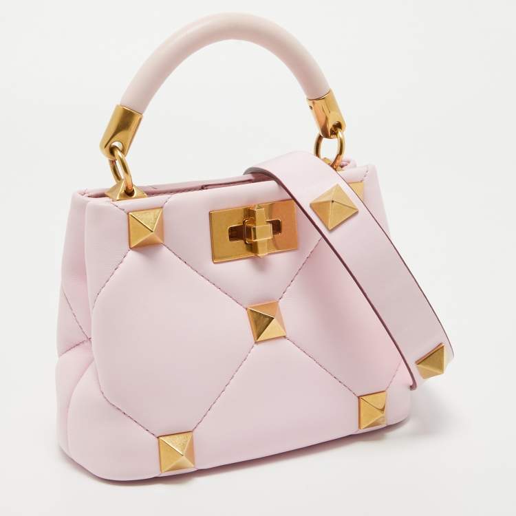Pre Owned Valentino Pink Leather Mini Roman Stud Top Handle Bag