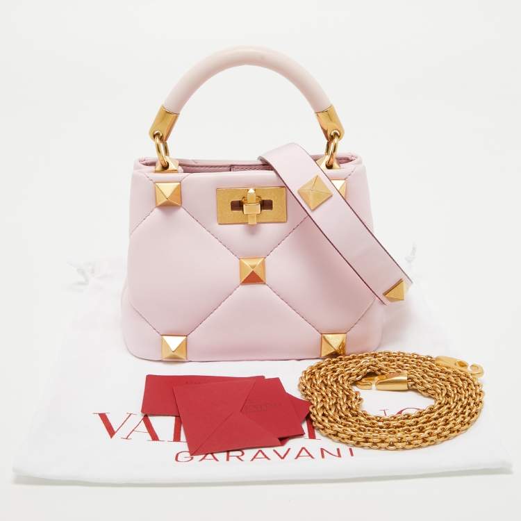 Pre Owned Valentino Pink Leather Mini Roman Stud Top Handle Bag