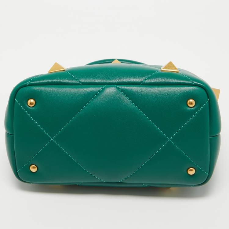 Pre Owned Valentino Green Quilted Leather Small Roman Stud Top Handle Bag