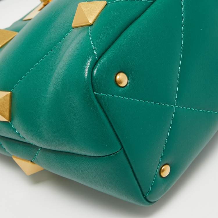 Pre Owned Valentino Green Quilted Leather Small Roman Stud Top Handle Bag