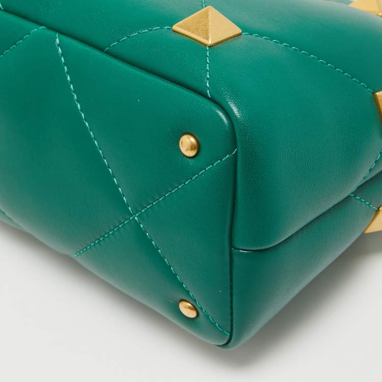 Pre Owned Valentino Green Quilted Leather Small Roman Stud Top Handle Bag