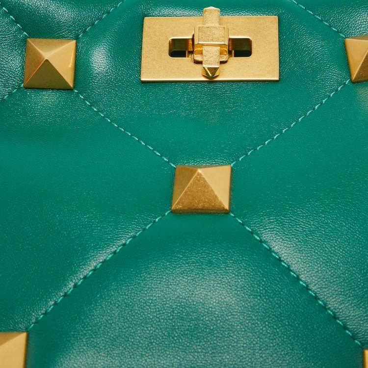 Pre Owned Valentino Green Quilted Leather Small Roman Stud Top Handle Bag