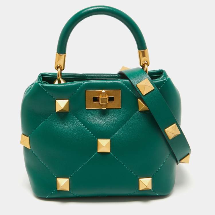 Pre Owned Valentino Green Quilted Leather Small Roman Stud Top Handle Bag