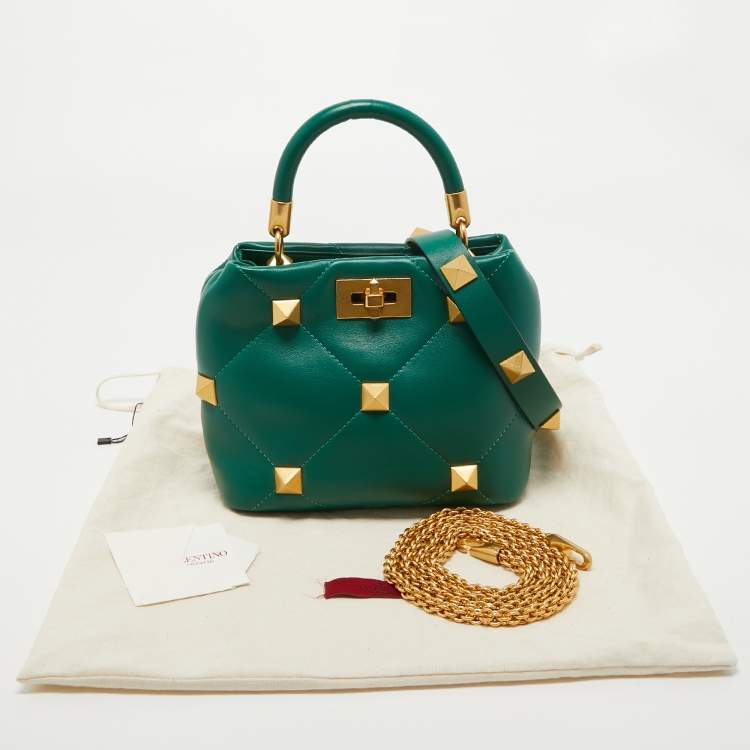 Pre Owned Valentino Green Quilted Leather Small Roman Stud Top Handle Bag