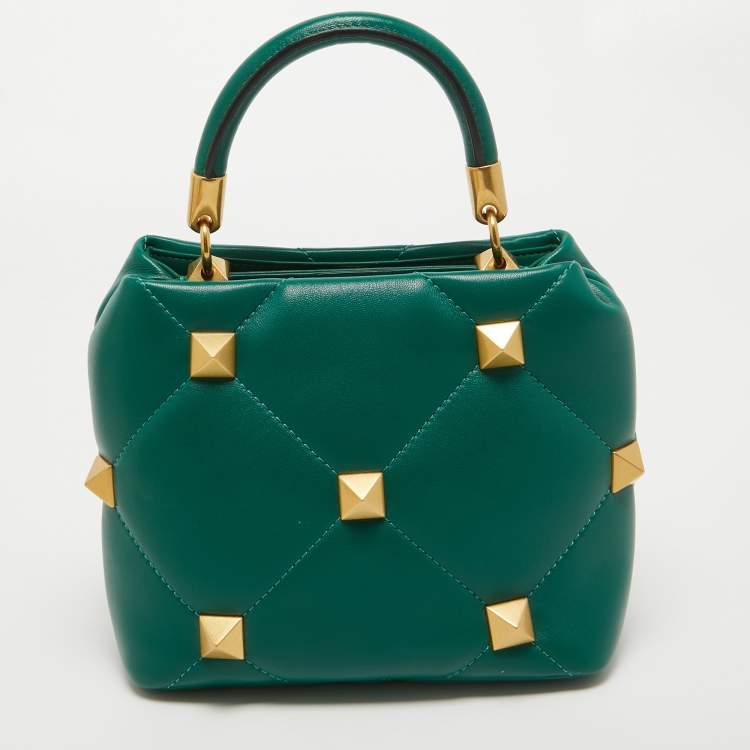Pre Owned Valentino Green Quilted Leather Small Roman Stud Top Handle Bag