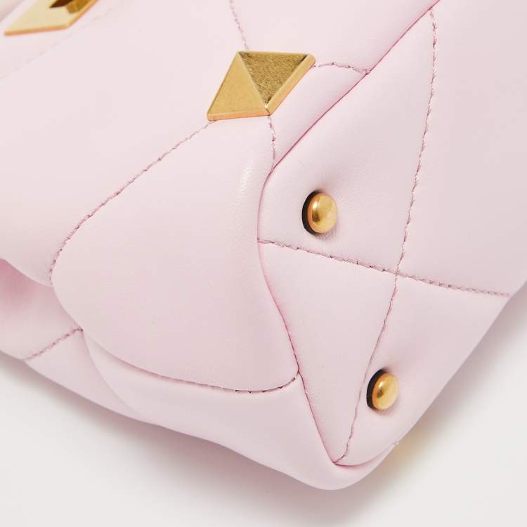 Pre Owned Valentino Pink Quilted Leather Mini Roman Stud Top Handle Bag