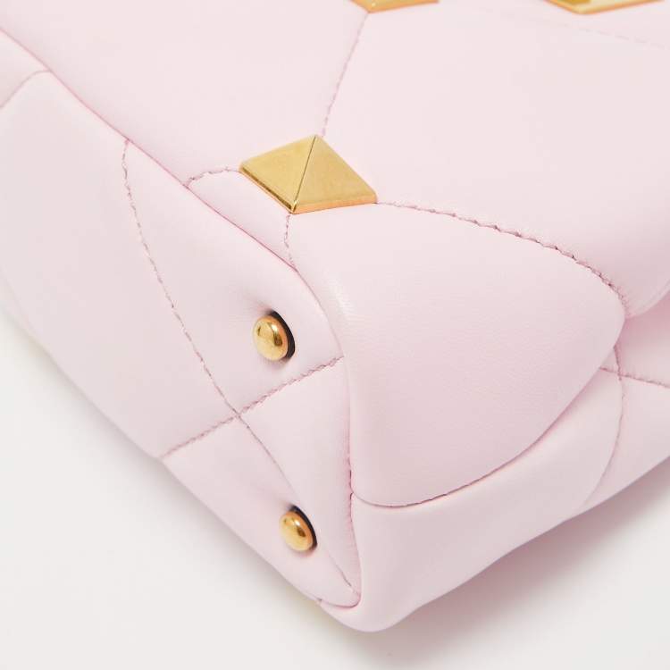Pre Owned Valentino Pink Quilted Leather Mini Roman Stud Top Handle Bag