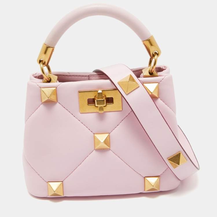 Pre Owned Valentino Pink Quilted Leather Mini Roman Stud Top Handle Bag