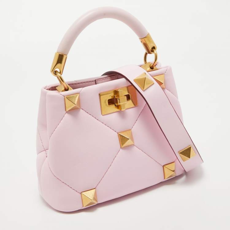 Pre Owned Valentino Pink Quilted Leather Mini Roman Stud Top Handle Bag