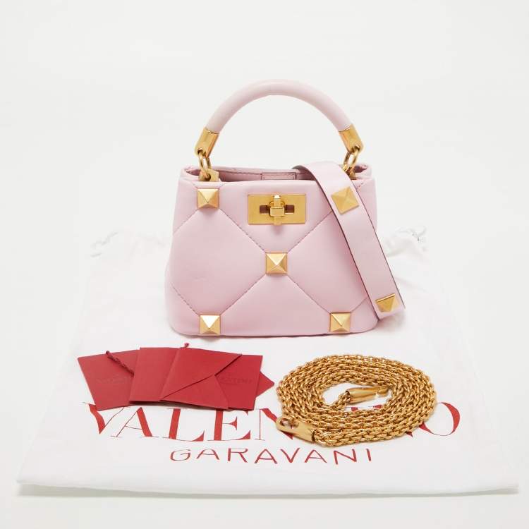Pre Owned Valentino Pink Quilted Leather Mini Roman Stud Top Handle Bag