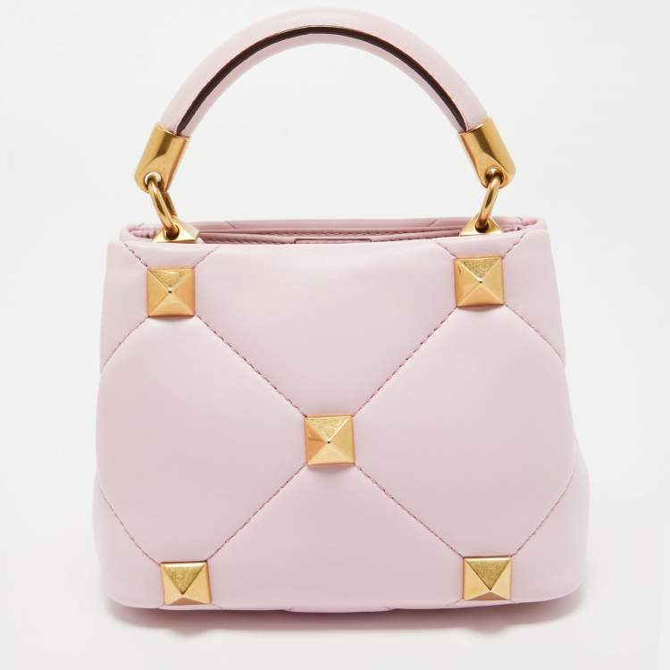 Pre Owned Valentino Pink Quilted Leather Mini Roman Stud Top Handle Bag