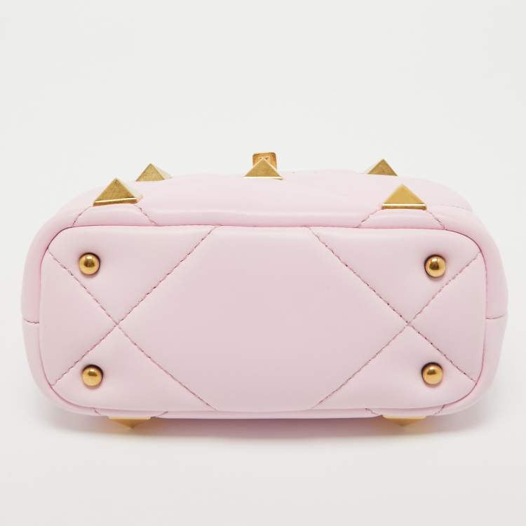Pre Owned Valentino Pink Quilted Leather Mini Roman Stud Top Handle Bag