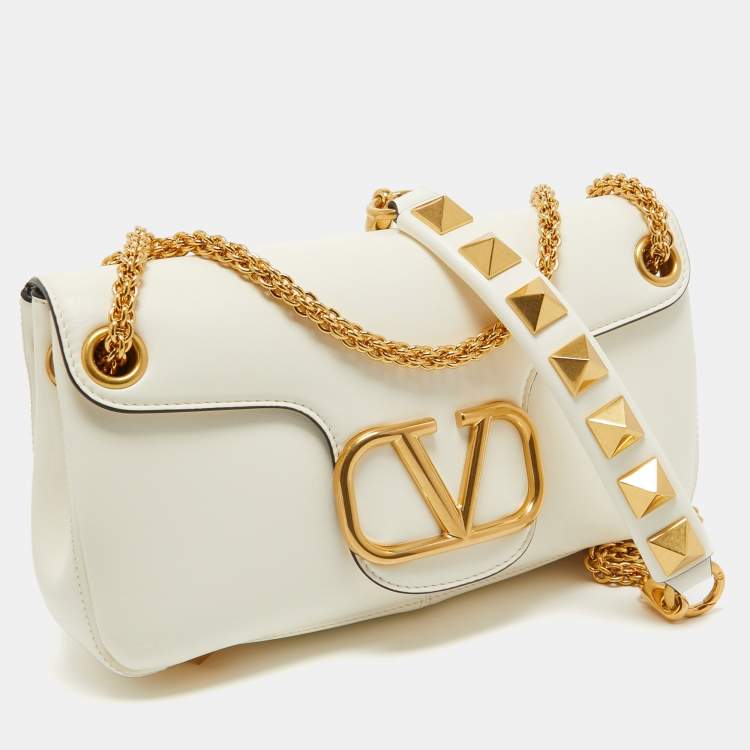 Pre Owned Valentino Ivory Leather Stud Sign Shoulder Bag