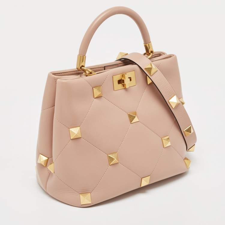 Pre Owned Valentino Rose Cannelle Leather Medium Roman Stud Top Handle Bag