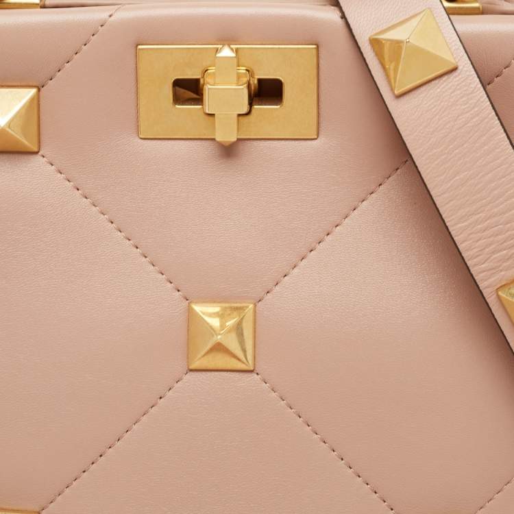 Pre Owned Valentino Rose Cannelle Leather Medium Roman Stud Top Handle Bag