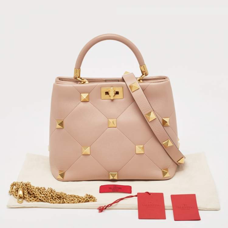 Pre Owned Valentino Rose Cannelle Leather Medium Roman Stud Top Handle Bag