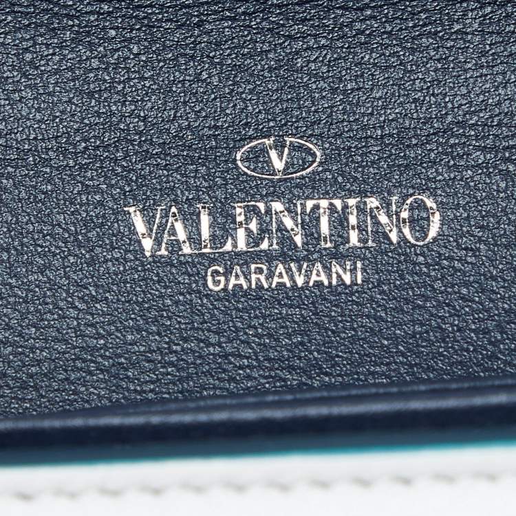 Pre Owned Valentino Blue/White Leather Rockstud Flap Wristlet Continental Wallet