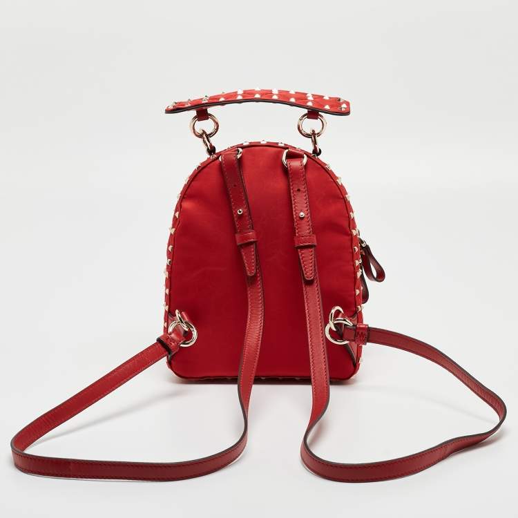 Pre Owned Valentino Red Quilted Nylon and Leather Mini Rockstud Spike Backpack