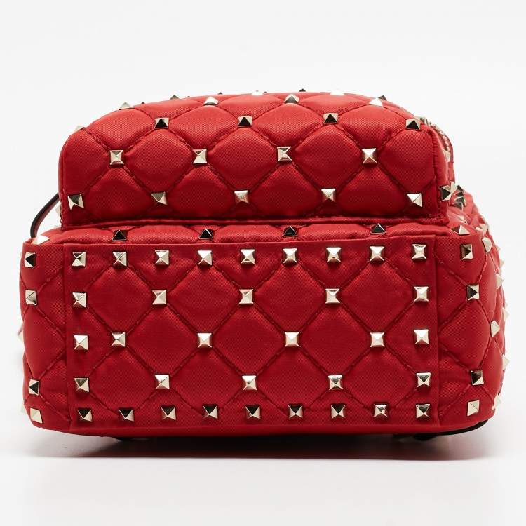 Pre Owned Valentino Red Quilted Nylon and Leather Mini Rockstud Spike Backpack