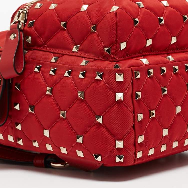 Pre Owned Valentino Red Quilted Nylon and Leather Mini Rockstud Spike Backpack