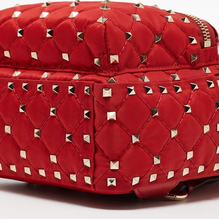 Pre Owned Valentino Red Quilted Nylon and Leather Mini Rockstud Spike Backpack