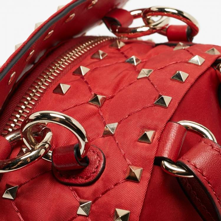Pre Owned Valentino Red Quilted Nylon and Leather Mini Rockstud Spike Backpack