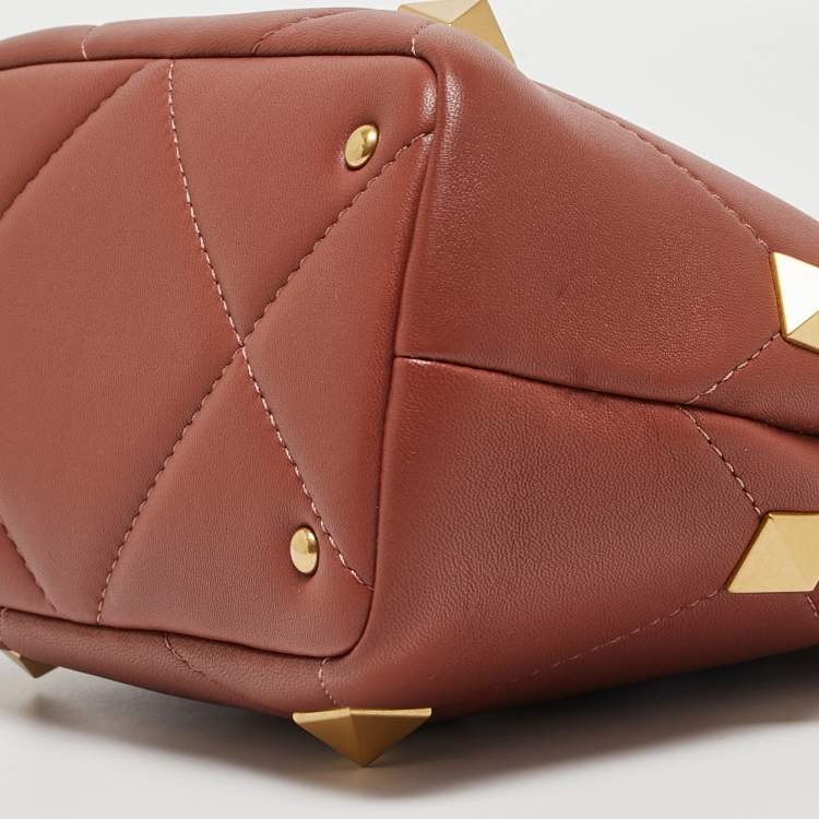 Pre Owned Valentino Chestnut Brown Leather Small Roman Stud Top Handle Bag
