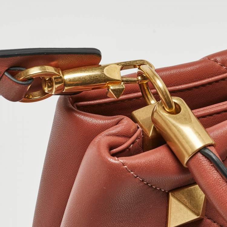 Pre Owned Valentino Chestnut Brown Leather Small Roman Stud Top Handle Bag