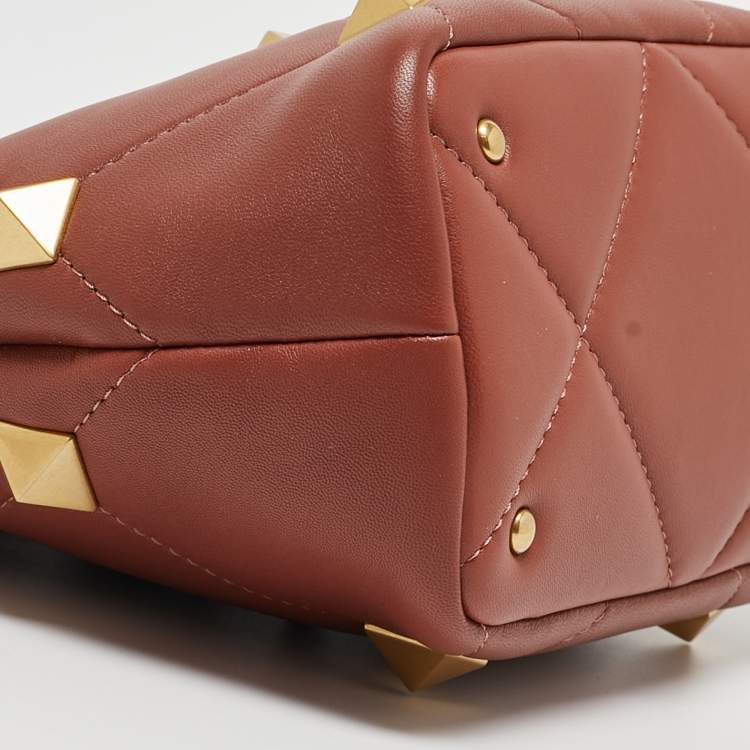 Pre Owned Valentino Chestnut Brown Leather Small Roman Stud Top Handle Bag