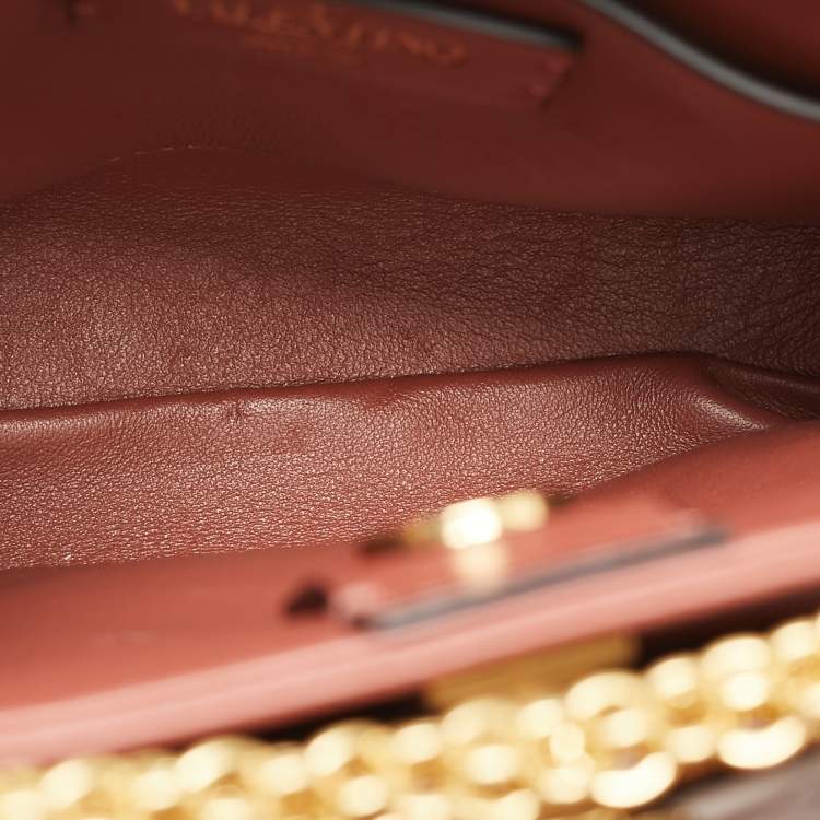 Pre Owned Valentino Chestnut Brown Leather Small Roman Stud Top Handle Bag