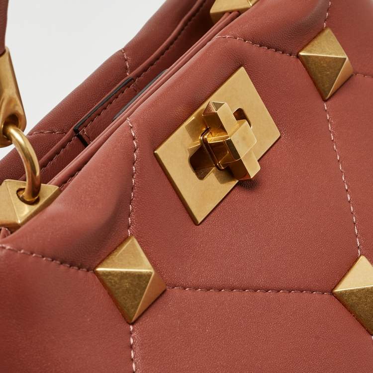 Pre Owned Valentino Chestnut Brown Leather Small Roman Stud Top Handle Bag