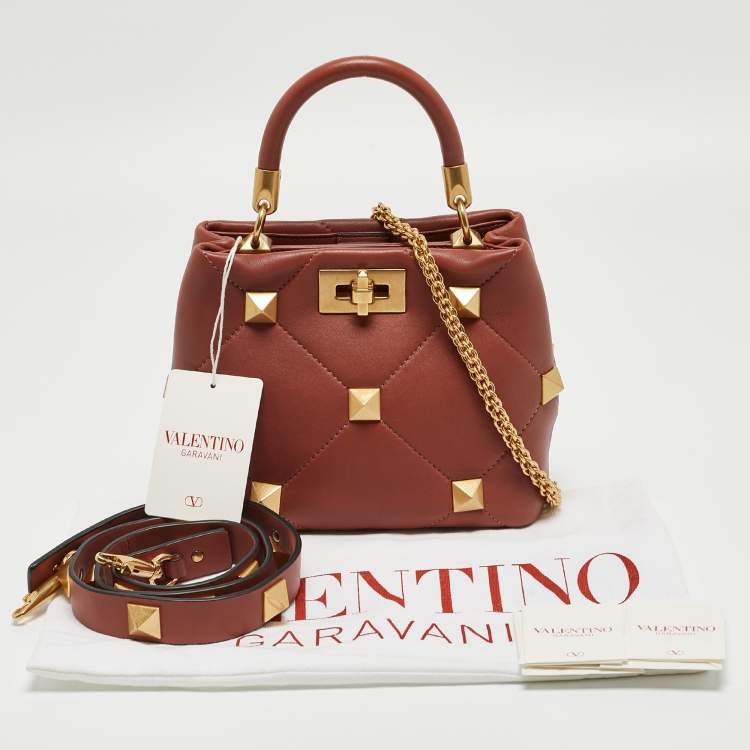 Pre Owned Valentino Chestnut Brown Leather Small Roman Stud Top Handle Bag