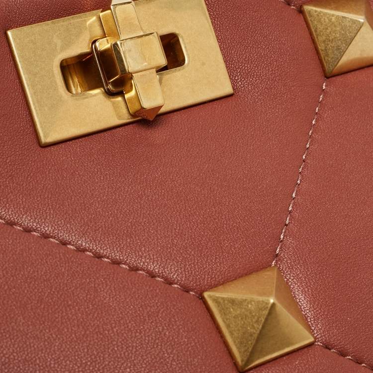 Pre Owned Valentino Chestnut Brown Leather Small Roman Stud Top Handle Bag