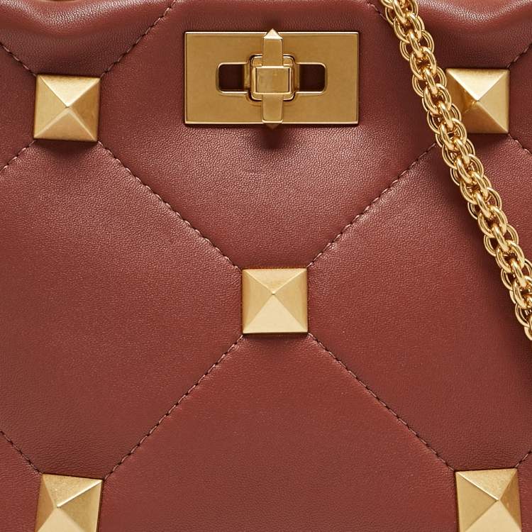 Pre Owned Valentino Chestnut Brown Leather Small Roman Stud Top Handle Bag