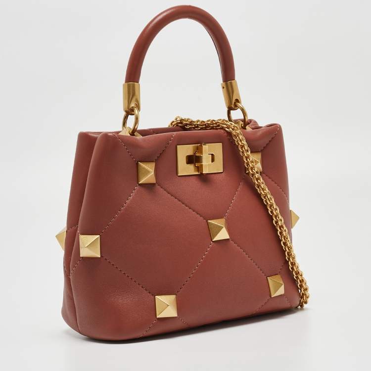 Pre Owned Valentino Chestnut Brown Leather Small Roman Stud Top Handle Bag